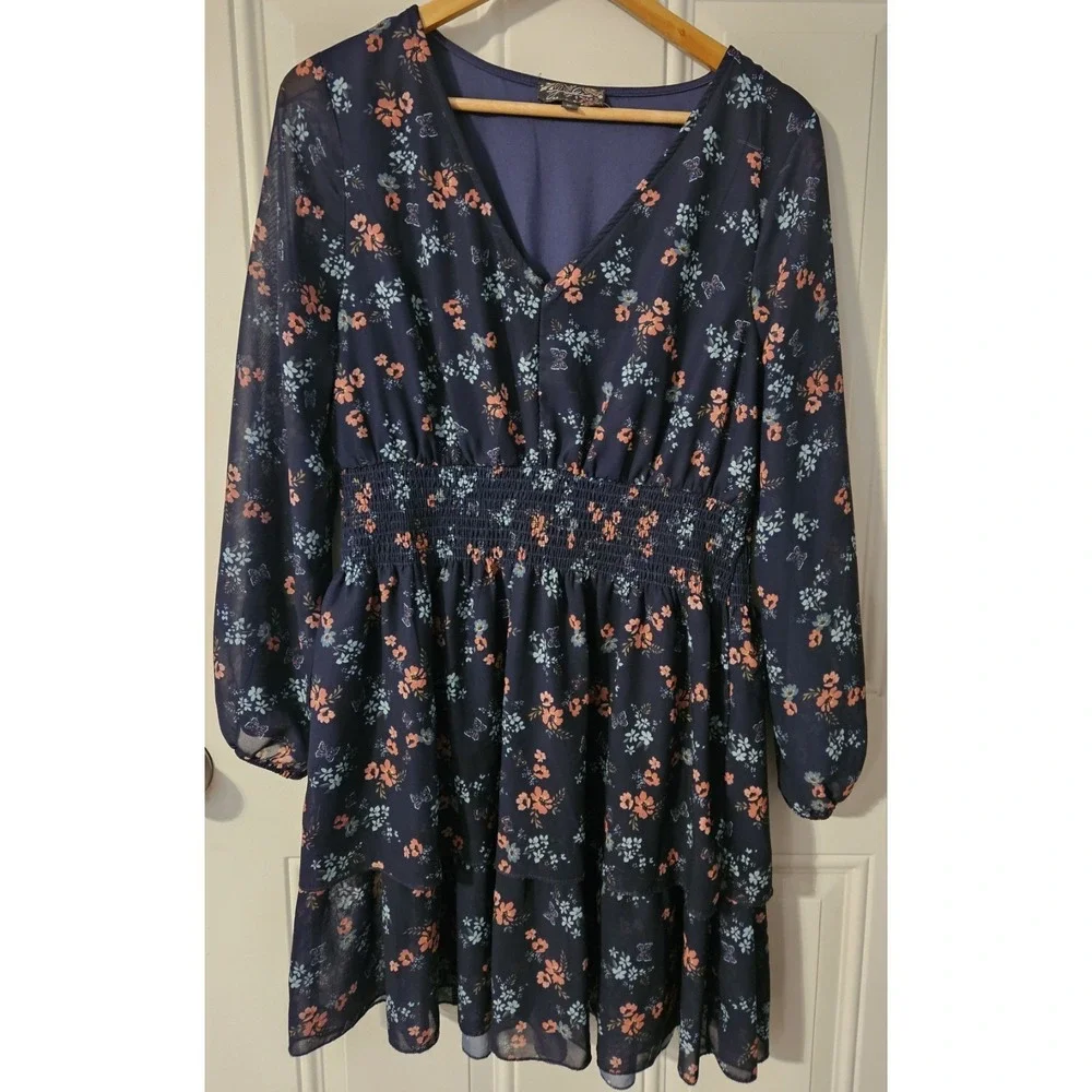 J Glee XL Floral Dress Navy Blue Smocked Waist Tiered‎ Long Sleeve Mini Dress